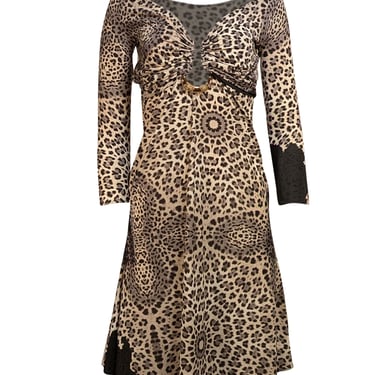 Roberto Cavalli - Grey, Cream, & Black Leopard Print Bust Cut Out Dress Sz 8