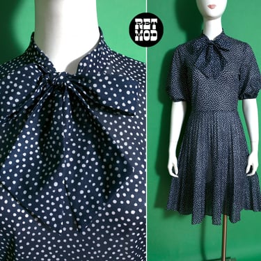 Sassy Vintage 70s Navy Blue & White Polka Dot Fit and Flare Pussybow Dress 