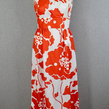 1960s 1970s Malia Honolulu Maxi Dress - Tropical, Tiki, Palm Beach, Floral - Hot Orange - Summer Sundress 