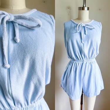 Vintage 1970s Baby Blue Terry Cloth Romper / M 