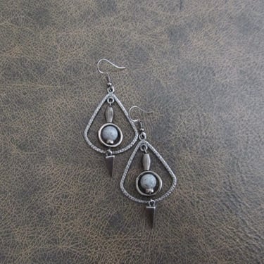 Gunmetal hoop earrings, gypsy earrings, silver druzy agate earrings, boho bohemian earrings, hippie statement unique modern earrings 