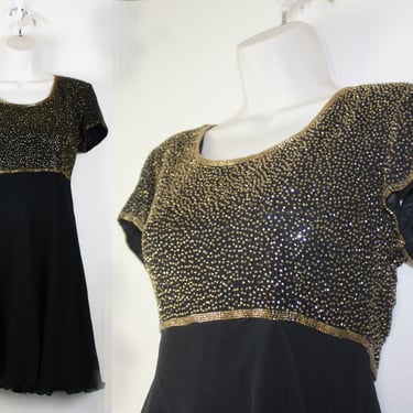Vintage 1990s Black & Gold Beaded Babydoll Dress, Size Extra Small 