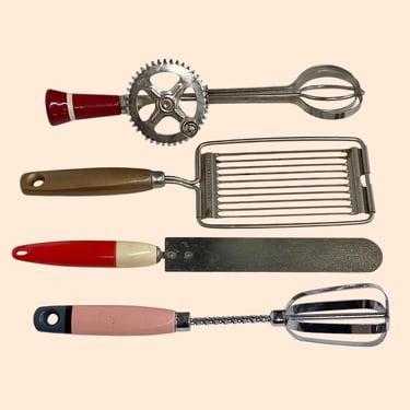 Vintage Ekco Kitchen Utensils Retro 1920s-1950s Farmhouse + Silver Aluminum Metal + Colored Handles + Set of 4 + Bake/Cook + Atomic Gadget 