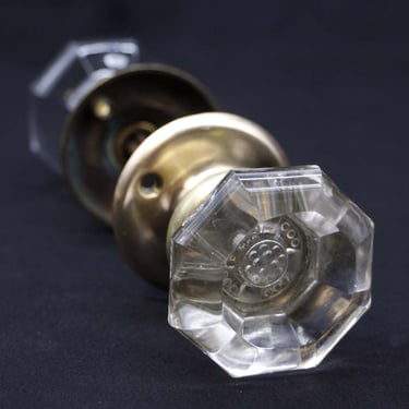 Vintage Octagon Glass Passage Door Knob Set with Brass Rosettes