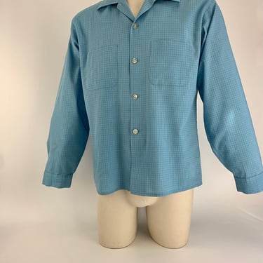 1950's - Early 60's Check Shirt - Polyster/Cotton Blend - MAYWOOD Label - Permanent Press - Baby Blue Check - Men's Size Medium 