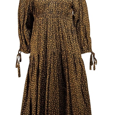 Eliza Faulkner - Black w/ Yellow Floral Print Cotton Puff Sleeve Midi Dress Sz XS