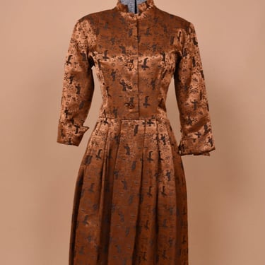 Brown Designer Chinoiserie Brocade Evening Dress By Ceil Chapman, S