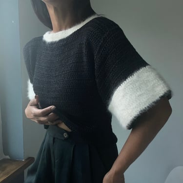 vintage angora trim textured rayon puff sleeve sweater 