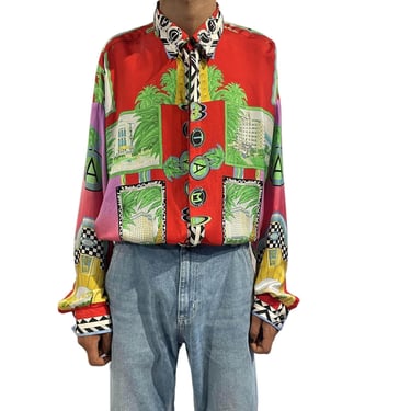 1990S Gianni Versace Multicolor Miami Print Silk Rare Shirt 