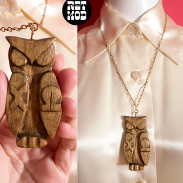 Cute Vintage 70s Wooden Owl Pendant Necklace 