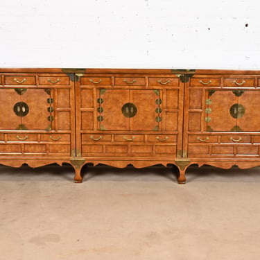 Baker Furniture Hollywood Regency Chinoiserie Monumental Burled Walnut Sideboard, Circa 1960s