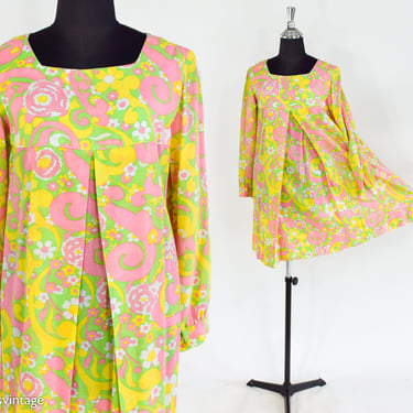 1960s Yellow Print Mini Dress | 60s Yellow Print Tent Dress | Twiggy | Medium 