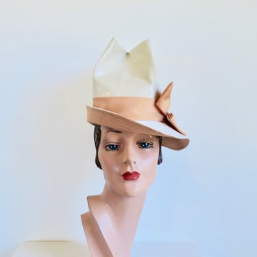 Vintage 1960's 1970's White Vinyl Stovepipe Formal Hat Peach Bow Trim and Brim Mod Style 60's 70's Spring Summer Millinery Avant Garde Charo 