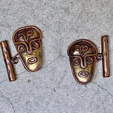 Vintage 1940s 1950s Mexican Cufflinks, Casa Maya Brass and Copper Masks, Mid-Century Men's Accessories 