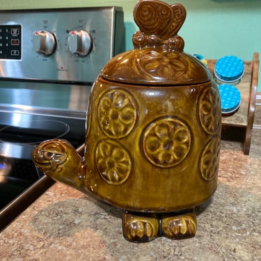 Cookie Jar, Turtle USA Pottery, Dog Treat Jar Canister, Ceramic Kitchen Storage Turtle and Butterfly 