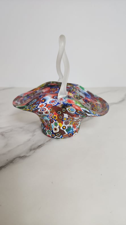 Vintage Rainbow Millefiori Murano Small Art Glass Bridal Basket