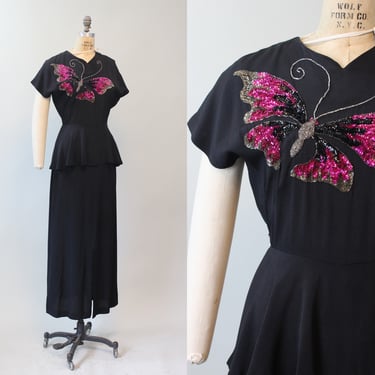 1940s BUTTERFLY sequin PEPLUM gown dress medium | new spring 
