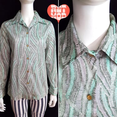 Unique Vintage 70s Light Green Patterned Long Sleeve Collared Shirt 