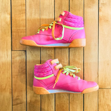 80s/90s Youth Hot Neon Pink Orange and Yellow Reebok High Top Sneakers | Kids Ages 7-10/Size 3 