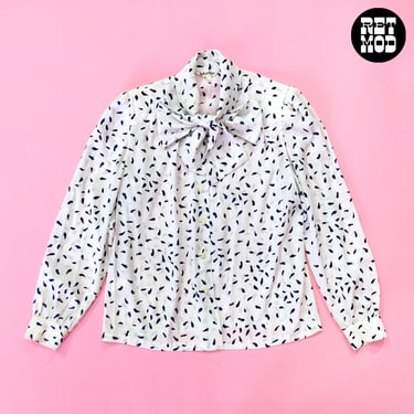 Vintage 80s 90s White & Navy Blue Abstract Dots Long Sleeve Pussybow Blouse 