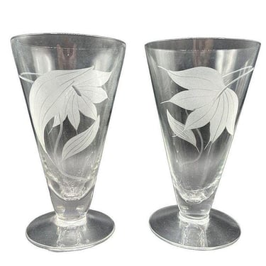 Mid-century Dorothy Thorpe Style Footed Tumbler w/ Etched Tropical Lilies, Pair 