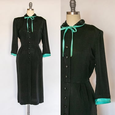 1950s Shirtfront Dress Black Rayon Noir M 