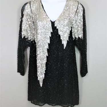 Power Surge - Black and Silver Tunic - Beaded Fringe - Cocktail Top - Tunic/Mini -  by M RUPI - Estimated L to XL 