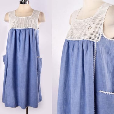 Crochet A Line Dress, Blue Baby doll 1960's Flared Vintage Empire Waist Dress 