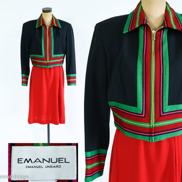 Emmanuel Ungaro | 1990s Black Cropped Jacket | 90s Black Jacket & Red Green Trim | Emanuel | Large 