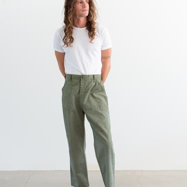 Vintage 33 Waist Olive Green Army Pants | Unisex Painter Cotton Poly Utility Fatigues Military Trouser | Zipper Fly | F555 