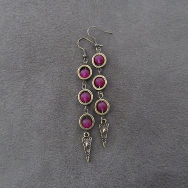 Fuchsia frosted glass earrings, geometric earrings, artisan bronze 