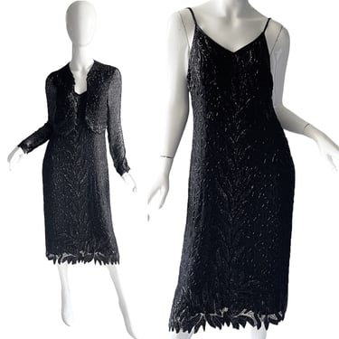 80s Vintage Sequin Silk Dress Set / Black beaded Bolero Party Slip Set / Disco holiday cocktail dress set Medium 