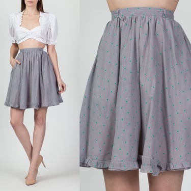 70s Polka Dot Mini Pocket Circle Skirt - XXS, 22.5" | Vintage High Waist Gray Ruffle Hem Flowy Skirt 