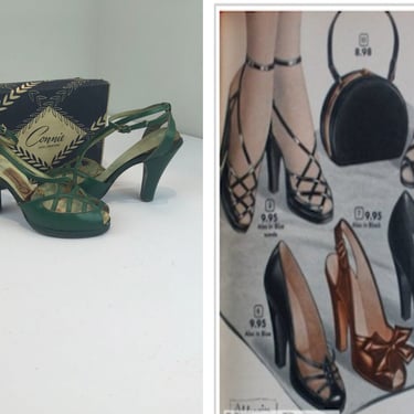War Time Wedding Bliss - Vintage 1940s Green Leather Strappy Platform Pumps Shoes Heels - 5/5.5 