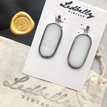 White Stained Glass Oval Earrings | Stained Glass Earrings | Milk Glass Earrings | Oval Earrings | Statement Earrings 