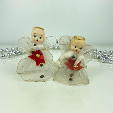 Vintage White Tulle Christmas Angel, Made in Japan 1940 1950 Poinsettia Chenille Pipe Cleaner, Wire Angel Pixie Fairy, Mercury Glass Beads 