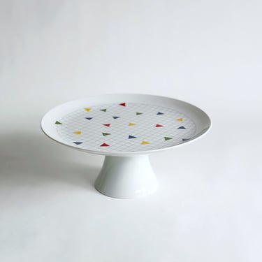 Memphis Print Cake Stand, Grid Patterned Ceramic, Vintage 1980's 