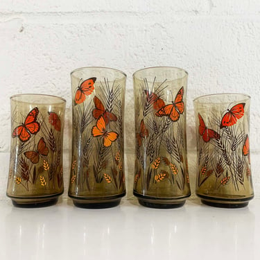 Vintage Libbey Butterfly Glasses Set of 4 Brown Orange Cocktail Bar Butterflies Tall Barware Mid-Century 1970s 