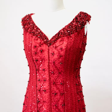 90s Vintage Red Sequin Beaded Dress Evening Gown Escada XS Small// Vintage Red Sequin Beaded Evening Gown Dress 