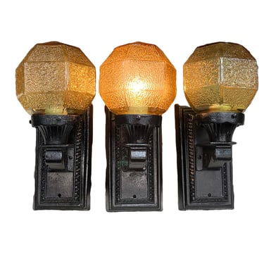 Three exterior porch lights with amber glass shades #2442 