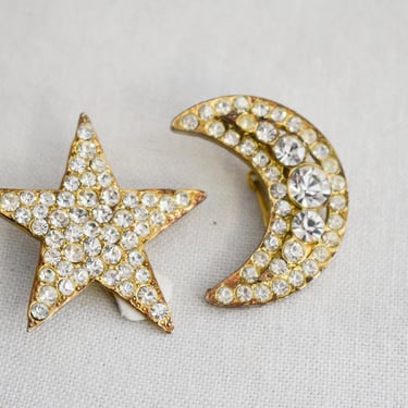 1980s Star and Crescent Moon Large Clip Earrings 