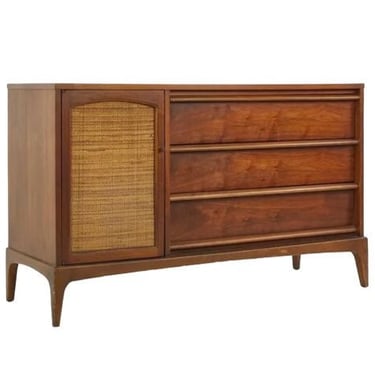 Free Shipping Within Continental US - Vintage Mid Century Modern walnut Credenza Dovetail Drawers Reversible Cane Door 