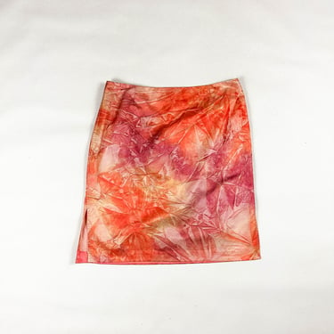 y2k Alberto Makali Orange and Pink Faux Crinkled Satin Pencil Skirt / Midi Skirt / Size 12 / M / L / Candy / 00s / Side Slit / Creased Print 