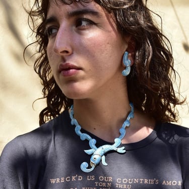 Vintage Margot De Taxco Sterling Silver 'Fish In Waves' Champlevé Necklace & Clip-On Earrings, Design #5644, Light Blue Enamel, 15