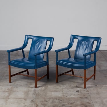 Pair of Blue Leather Lounge Chairs by Ejner Larsen & Aksel Bender Madsen 