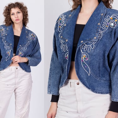 80s Acid Wash Embellished Cropped Jean Jacket - Large | Vintage Studded Soutache Denim Open Fit Jacket 