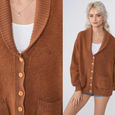 Brown Terrycloth Cardigan 70s Grandpa Sweater Button up Slouchy Shawl Collar Pockets Retro Seventies Fall Basic Plain Vintage 1970s Large L 