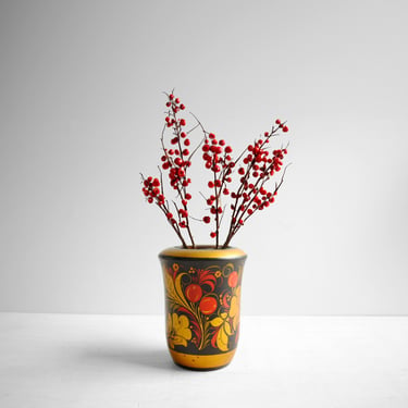 Vintage Khokhloma Hand Painted Vase in Red, Black, and Gold 