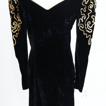 Vintage 1980s Velvet Sheath Party Dress w/ Gold Trim Union Made in USA Size 7/8 
