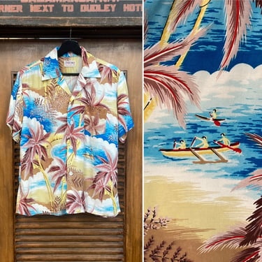 Vintage 1950’s Tropical Island Tiki Loop Collar Rayon Hawaiian Shirt, 50’s Vintage Clothing 